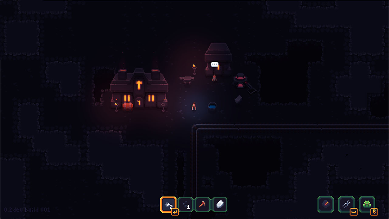 A screenshot of the game
            Cave, showing the player, a human explorer, in a dark cave next to a furnace