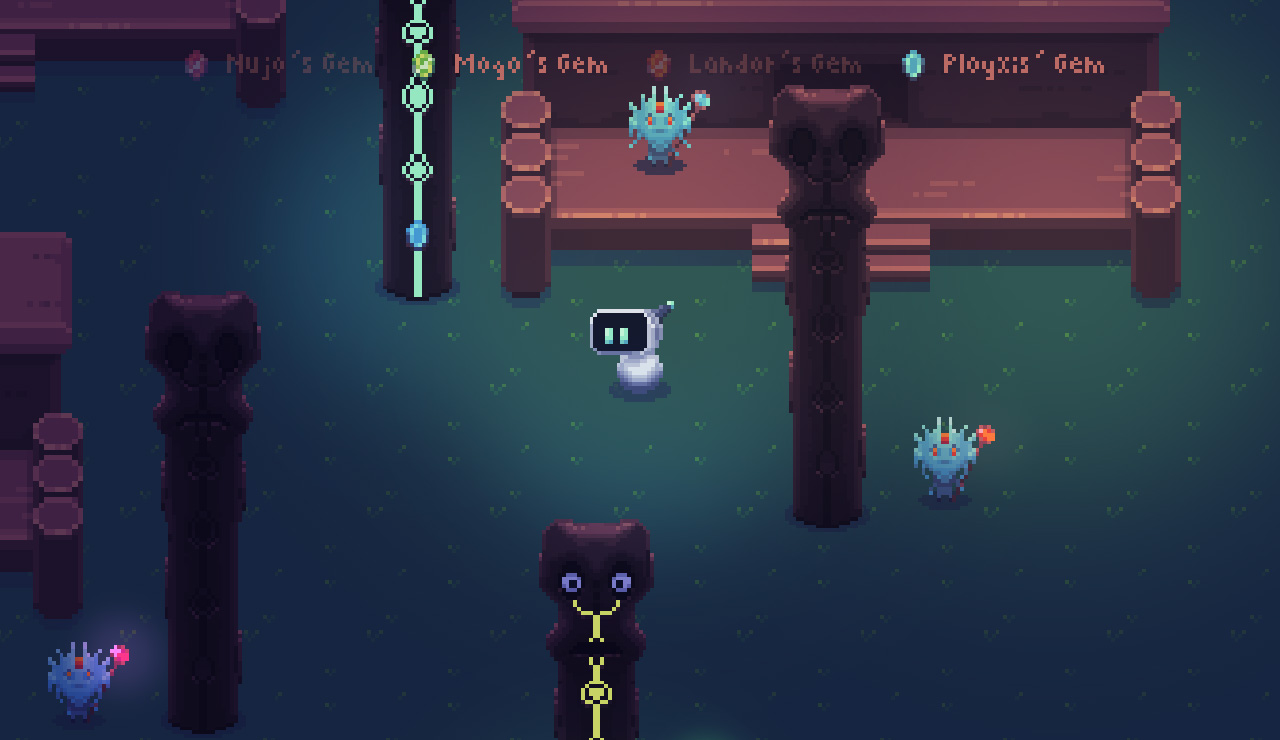 A screenshot of the game
            CORG-E, showing a small, spherical white robot exploring an alien planet